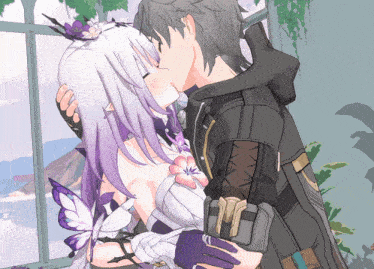 a man and a woman kissing in front of a window with a butterfly on her head
