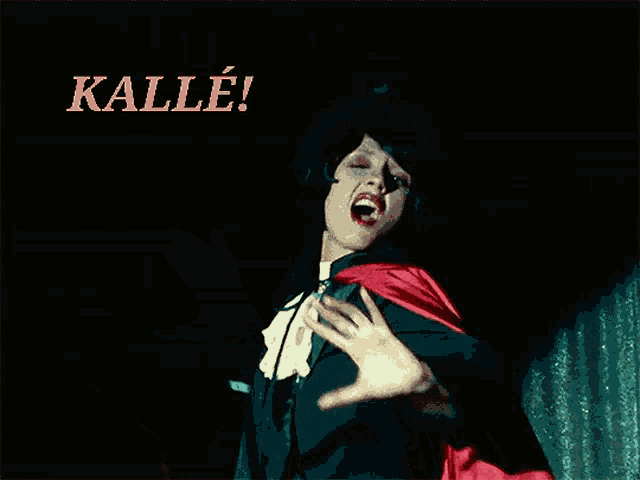 a woman in a witch costume says kalle in orange letters