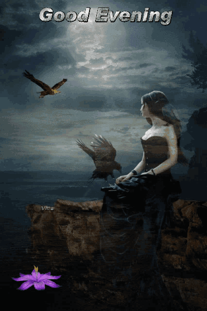 a picture of a woman and birds with the words good evening on the bottom