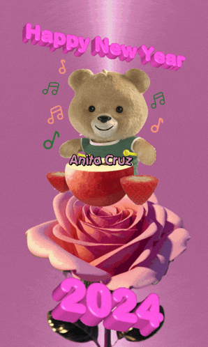 a teddy bear sits on top of a rose with the number 2024 behind it