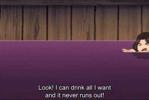 a cartoon of a woman in a bathtub with the words look i can drink all i want and it never runs out