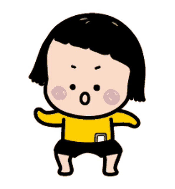 a cartoon girl with short black hair is wearing a yellow shirt and shorts .