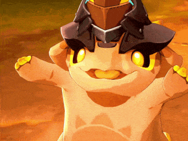 a cartoon character with a helmet on its head and yellow eyes