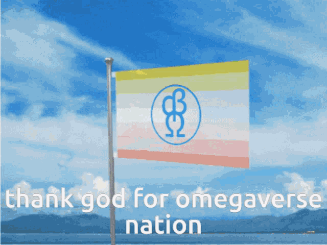 a colorful flag with a blue circle with the letter o on it