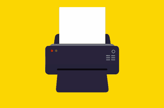 a black printer with a sheet of paper coming out of it on a yellow background