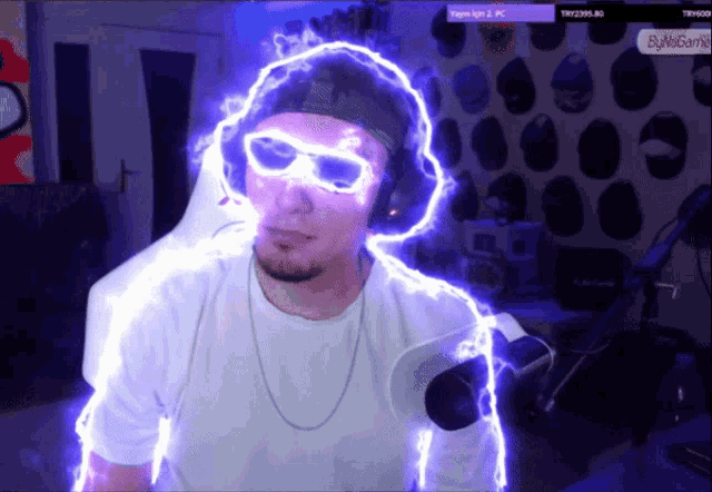 a man wearing sunglasses and headphones has a purple lightning bolt around his head
