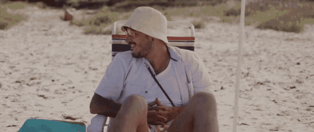a man wearing a hat and sunglasses sits on a beach chair