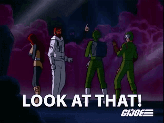a group of cartoon characters standing next to each other with the words `` look at that '' written on the bottom .