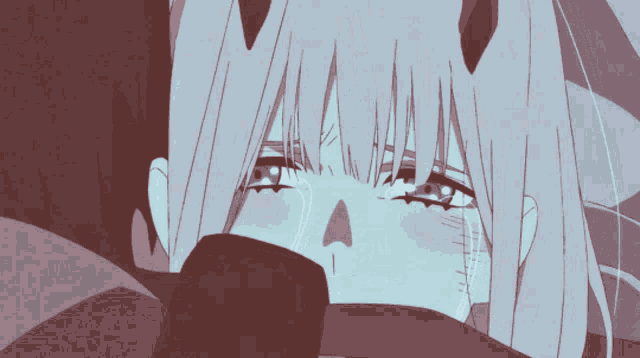 a girl with white hair and horns is crying