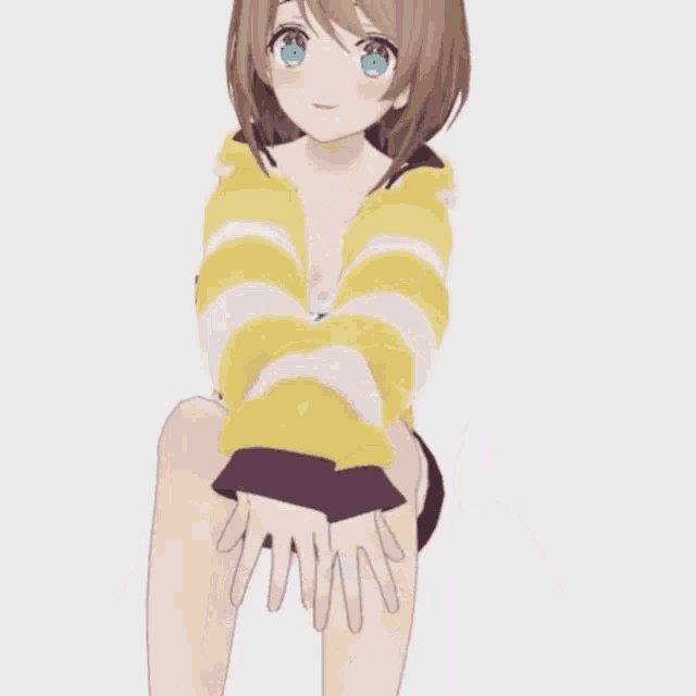 a 3d anime girl wearing a yellow and white striped hoodie