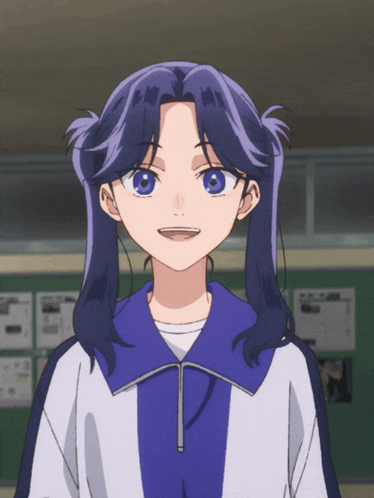 a girl with blue hair is wearing a blue and white jacket
