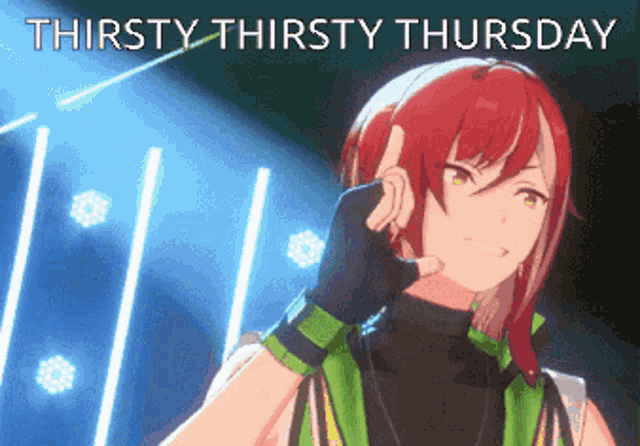 a pixel art of a girl with red hair and the words " thirsty thirsty thursday "