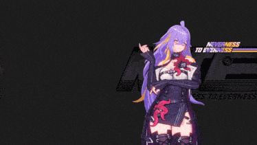a purple haired anime character with the words neverness to everness below her