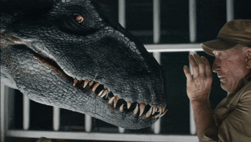 a man in a tan hat looks at a dinosaur