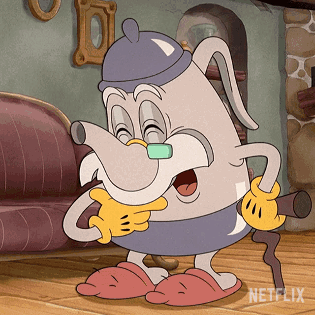 a cartoon character from netflix has a cane and slippers on