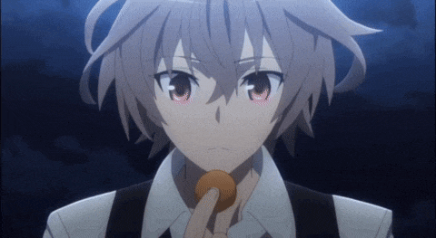 a girl with short hair and red eyes is holding a donut in her hand