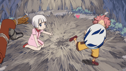 a girl in a pink dress is kneeling next to a boy carrying a large egg