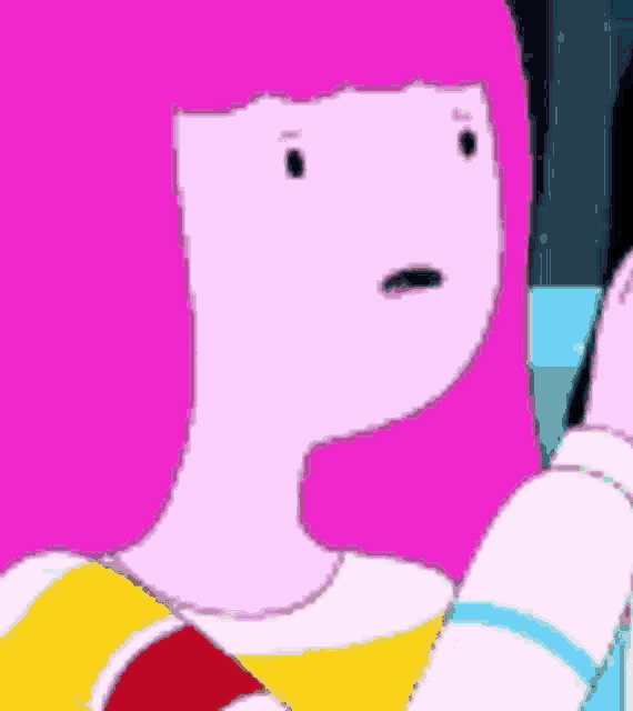a close up of a cartoon character 's face with pink hair