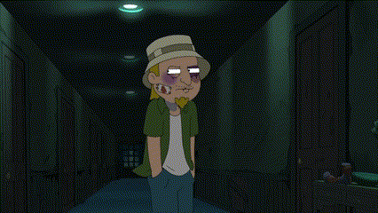 a cartoon character is standing in a dark hallway with a picture of a family on the wall behind him