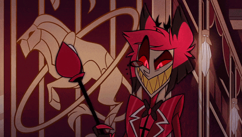 a cartoon character with red eyes and a red bow tie
