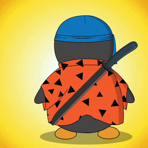 a penguin wearing a blue hat and an orange shirt holds a sword