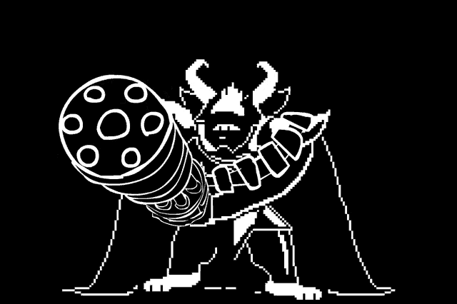 a black and white pixel art of a monster with horns holding a gun .