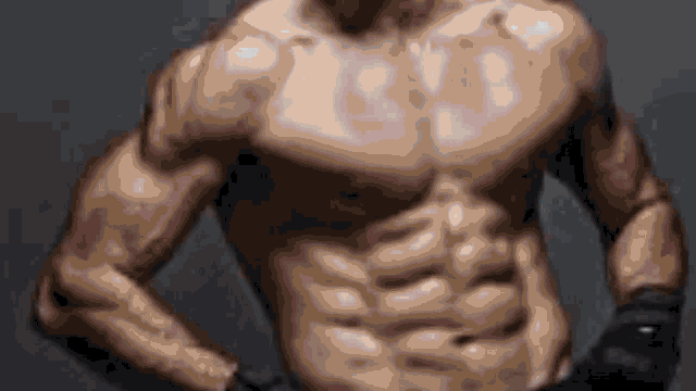 a shirtless man is standing with his hands on his hips and showing his abs .