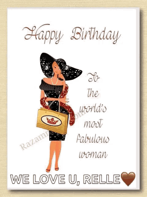 a happy birthday card with a woman in a black dress and hat