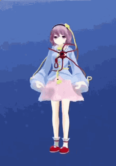 a 3d anime girl in a pink dress is dancing in front of a blue background .