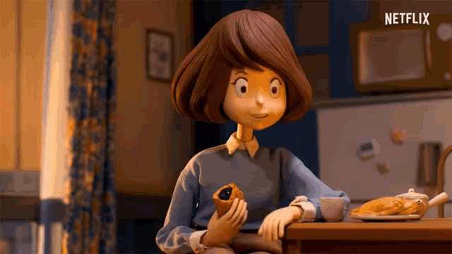 a cartoon character sitting at a table with a netflix logo on the bottom right