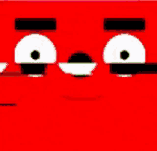 a red cartoon face with white eyes and a black nose on a red background .