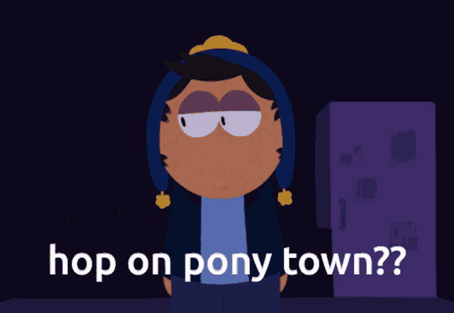 a cartoon character with the words hop on pony town written below him