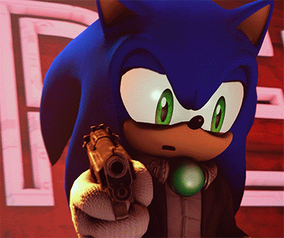a sonic the hedgehog holding a gun in front of a sign that says re