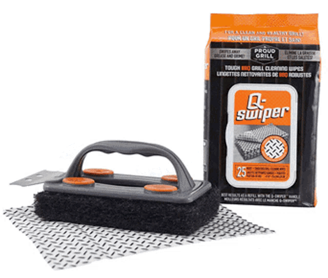 a package of q-sniper grill cleaning wipes next to a sponge