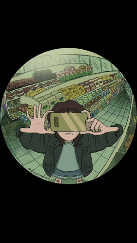 a drawing of a person taking a selfie in a store