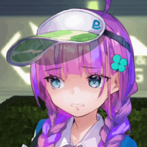 a girl with purple hair is wearing a white hat with the letter b on it