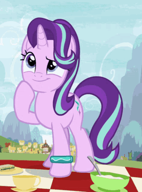 a cartoon of a pony standing next to a bowl