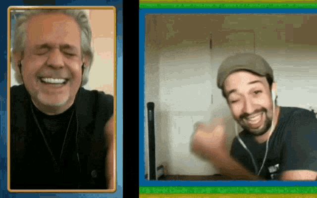 a man with a beard is laughing next to another man