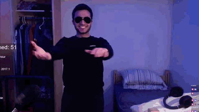 a man wearing sunglasses and a black shirt stands in front of a closet