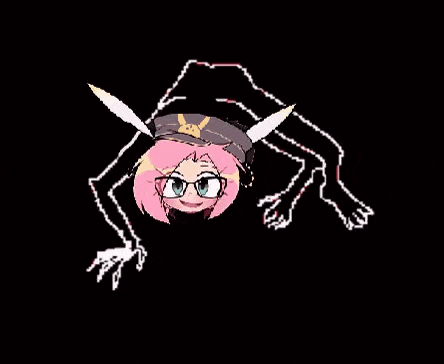 a pixel art of a girl with glasses and a hat doing a handstand with a knife .