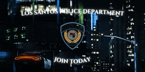 a sign for the los santos police department with a police car in the background