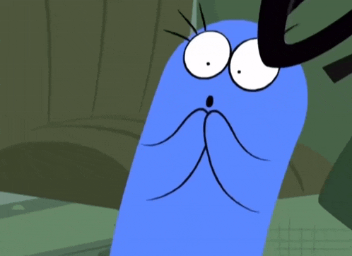 a blue cartoon character with a huge smile on his face