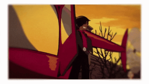 a cartoon of a man standing in front of a red plane