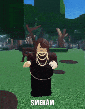 a girl in a black dress with pearls around her neck is standing in a grassy field with smekam written on the bottom right