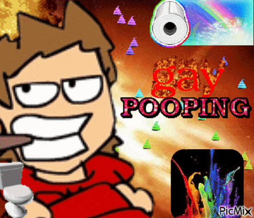 a cartoon of a man holding a toilet and the words gay pooping