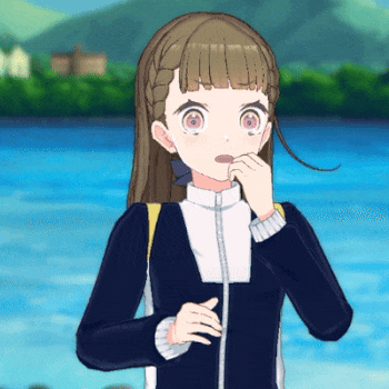 a girl with long brown hair is standing in front of a lake