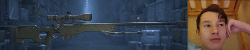 a picture of a sniper rifle next to a picture of a man with his hand on his face