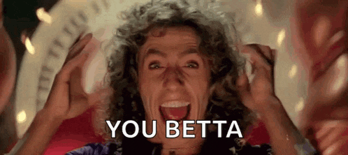 a man with curly hair is screaming with his mouth open and the words `` you betta '' written next to him .