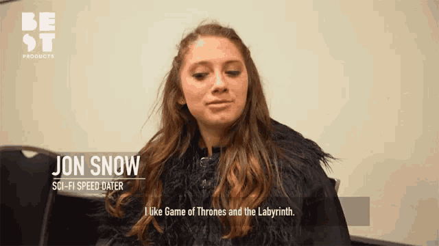 a woman with the name jon snow on her head