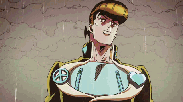 a man in a cartoon with a peace sign on his chest